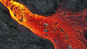 Aerial drone view over river of molten hot lava erupting from the Litli-Hrútur Iceland volcano and flows through dark rock in 2023. Tourist attraction to beautiful and dangerous disaster. - Powered by Shutterstock - Get 15% off with code: PIKWIZARD15