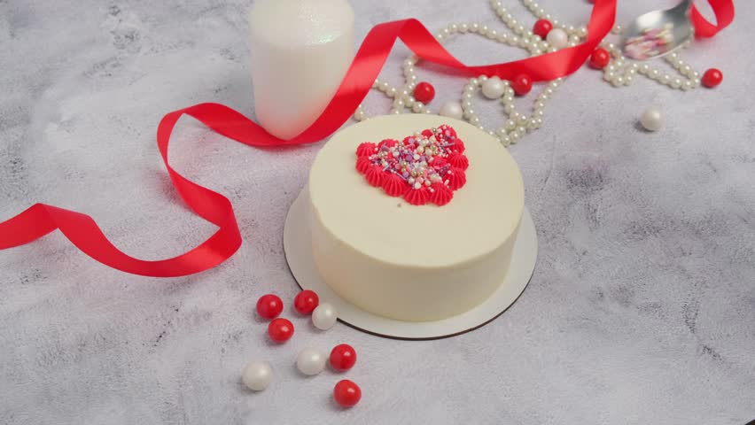 A pastry chef decorates a cake with red heart-shaped cream for Valentine