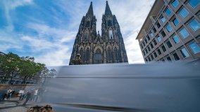 Beautiful view of Cologne Cathedral time lapse, hyperlapse video germany city people walking in front of cologne dome, church.