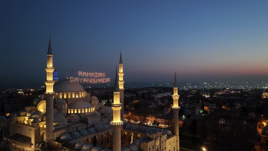 Ramadan Month Suleymaniye Mosque, Illuminated Letters Between Minarets (Mahya) Drone Video, Suleymaniye Fatih, Istanbul Turkey Royalty-Free Stock Footage #3422181185