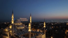 Ramadan Month Suleymaniye Mosque, Illuminated Letters Between Minarets (Mahya) Drone Video, Suleymaniye Fatih, Istanbul Turkey