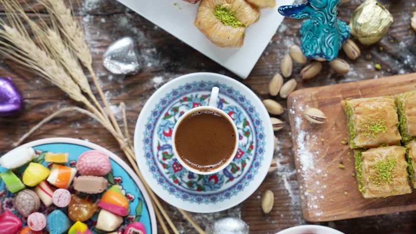 Turkish Coffee in the Colorful Eid Candy and Chocolate, Traditional Ottoman Cuisine Desserts, Turkish Delight and Baklava Video, Üsküdar Istanbul, Turkiye (Turkey)