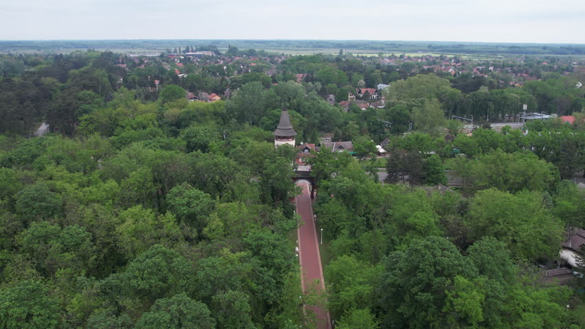 Palic, Vojvodina, Serbia. Aerial View of Water Tower and Gate in Park by Lake