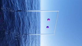 Rotation of two spheres around a metal crossbar in the water against the background of the horizon, sky, sea, waves and daylight in vertical video animation footage