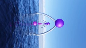 Moving along a metal structure in water with rotating spheres against the background of the horizon, sky, sea, waves and daylight in vertical video animation footage