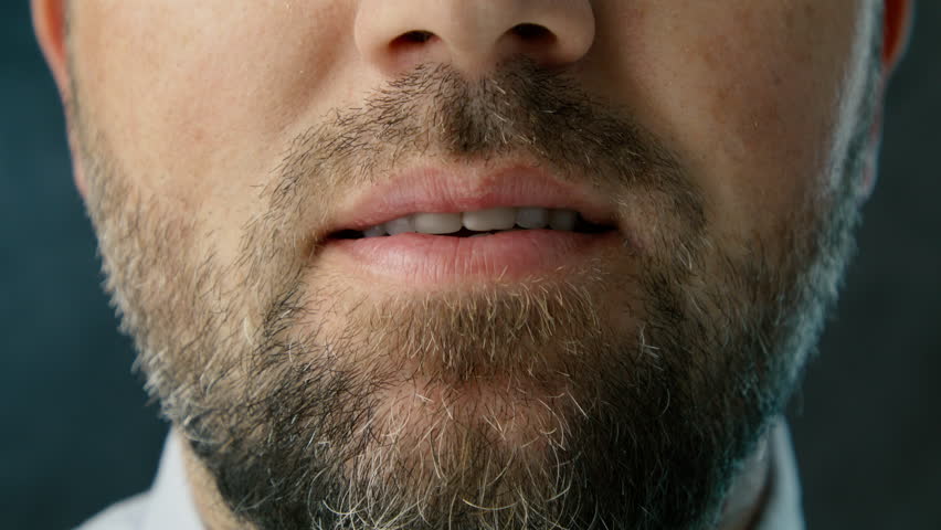 Close up smiling white teeth bearded mid age man on dark grey studio background. Cropped smile handsome man in blue shirt. Successful professional grey haired businessman smiling on bokeh background