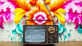 Vintage television with glitch on screen and floral wallpaper background