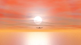 Plane flying by sunset - 3D render