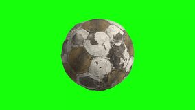 Spinning Worn Out Soccer Ball. 4K clip at 25fps for cinematic motion with a green screen. Isolated on green screen. Infinitely Looping footage.