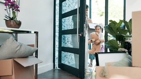 Parents moving, new house and children running, walking or excited for mortgage, real estate or investment. Interracial Family or mom and dad with kids in front door by boxes, dream home or property - Powered by Shutterstock - Get 15% off with code: PIKWIZARD15