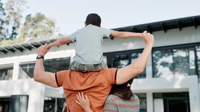 Back view of family, piggyback or real estate for new house, mortgage loan or property investment. Homeowner, man and woman moving into home with kid in backyard for support or celebration together - Powered by Shutterstock - Get 15% off with code: PIKWIZARD15