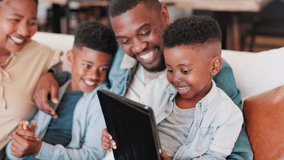 Tablet, search and happy black family on a sofa for streaming, cartoon or video in their home together. Digital, app and kids with parents in a living room with online subscription, service or gaming