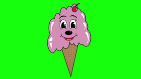 Animated Cartoon Style Cute Icecream Licking lips with Tongue. Yummy cute ice cream animation isolated on green chroma key screen. Cherry Flavored ice cream inside a wafer cornet with cherry above. - Powered by Shutterstock - Get 15% off with code: PIKWIZARD15