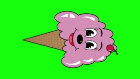 Animated Cartoon Style Cute Icecream Licking lips with Tongue. Yummy cute ice cream animation isolated on green chroma key screen. Cherry Flavored ice cream inside a wafer cornet with cherry above. - Powered by Shutterstock - Get 15% off with code: PIKWIZARD15