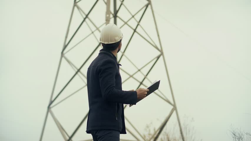 Constructor Inspect High Voltage Tower.Engineer In Hard Hat Maintenance Electricity Transmission Pylon.Electrical Engineer In Helmet Power Line.Constructor Checking High Voltage Sensor Power Line Wire
