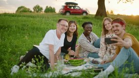 Happy Diverse group of people are taking Selfie by smartphone at picnic in park or stop on road trip. Young multiethnic friends have fun, eat and spend summer time together. 4K wide gimbal shot - Powered by Shutterstock - Get 15% off with code: PIKWIZARD15
