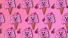 Animated Cartoon Style Cute Icecream Licking lips with Tongue Motion Pattern Yummy cute ice cream animation on Pink Gradient Background Cherry Flavored ice cream inside a wafer cone with cherry above - Powered by Shutterstock - Get 15% off with code: PIKWIZARD15