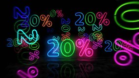 20% neon symbol. Light color bulbs. 20 percent off sale and discount promotion retail abstract seamless and loopable concept. 3d flying through the tunnel animation. - Powered by Shutterstock - Get 15% off with code: PIKWIZARD15