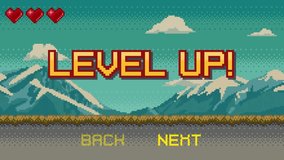 Animated pixel art banner with Level Up text and mountain landscape background. Colorful pixel arcade screen animation for game design. - Powered by Shutterstock - Get 15% off with code: PIKWIZARD15