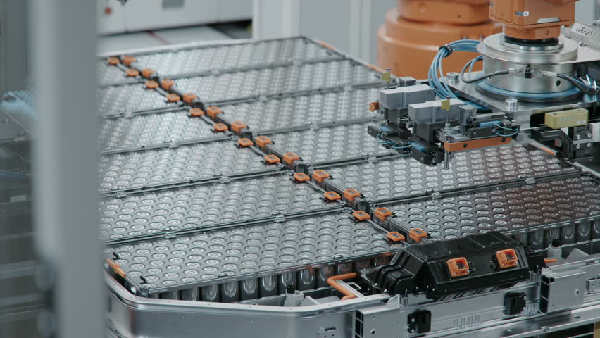 EV Battery Pack for Automotive Industry Assembly. Robot Arm Installing Battery Module into the Frame. Electric Car Smart Factory. Battery Manufacturing Line. Automated Production Line.