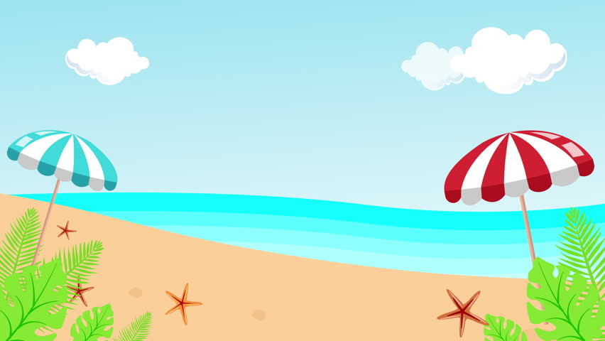 4k Animated Horizontal Creative Summer Banner Design Holiday Beach View with Colorful Umbrellas and starfish Summer Frame Template Modern Animation for New Season Sale Fresh Palm Leaves and Clouds.