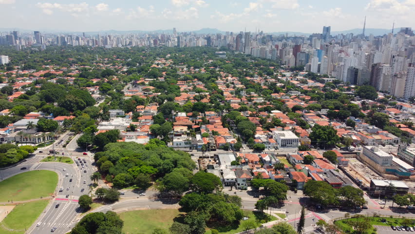 Panning aerial footage of Sao Paulo, the largest city in Brazil. Aerial video, panoramic view.