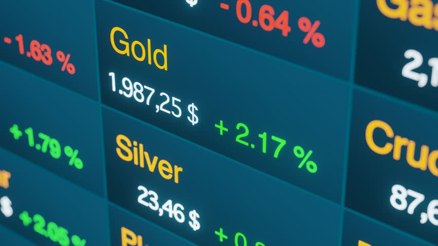 Gold price moving up, commodity trading screen. Business, information, stock market and exchange, data, metal, percentage signs, investment. Royalty-Free Stock Footage #3423068647
