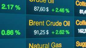 Brent Crude Oil price moving up, commodity trading screen. Business, information, stock market and exchange, data, percentage signs, oil and gas industry, investment.