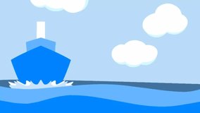 Animated illustration of a ship with lines of sea waves. With copy space area
