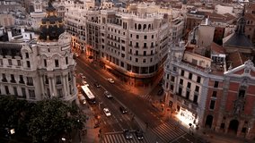 4K Ultra HD Video: Dusk Majesty - Top View of Modern Buildings and Traffic in Madrid, Spain	