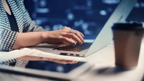 Business woman hands working laptop futuristic infographic digital screen with graph diagram closeup. Female big data analyzing cyberspace hi tech innovation technology network engineering programming - Powered by Shutterstock - Get 15% off with code: PIKWIZARD15