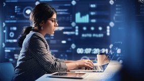 Brunette technician woman working laptop at digital futuristic infographic screen big data cyber analyzing. Female use innovation technology graph diagram database server web development statistics - Powered by Shutterstock - Get 15% off with code: PIKWIZARD15