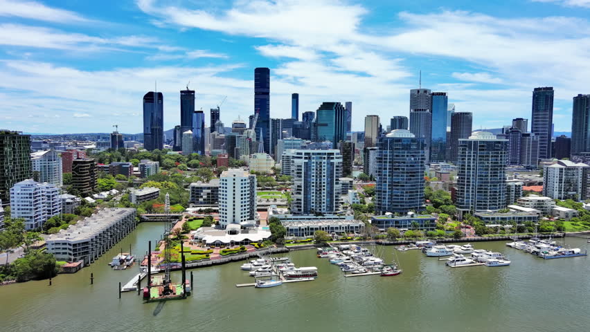 Brisbane, Australia: Aerial view of skyscraper skyline of Brisbane central business district (CBD) in capital city of Australian state of Queensland