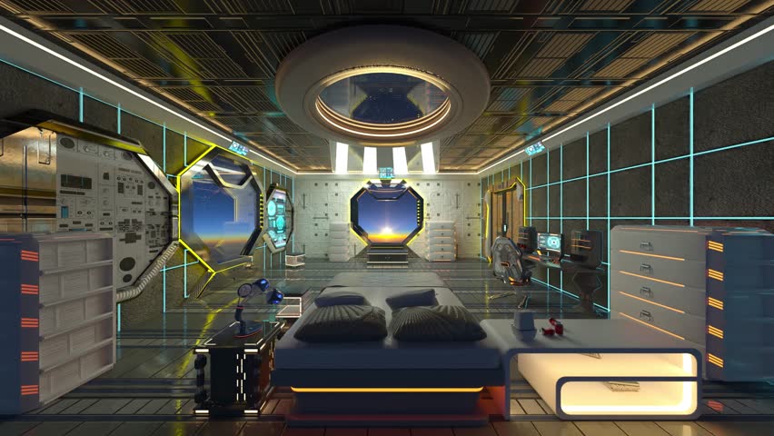 3D rendering of the bedroom in the space ship Royalty-Free Stock Footage #3423288977
