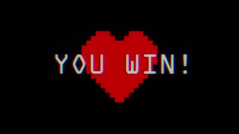 videogame YOU WIN text heart on old computer tv glitch interference noise screen animation black background seamless loop - New quality universal retro vintage colorful joyful wedding motivation video