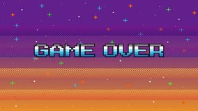GAME OVER INSERT A COIN TO CONTINUE .pixel art .8 bit game. retro game. for game assets .Retro Futurism Sci-Fi Background. glowing neon grid. and stars from vintage arcade computer games