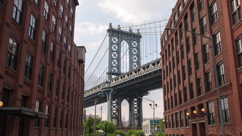 NY, USA – Moving timelapse/Hyperlapse of Manhattan bridge from Washington street on a beautiful day