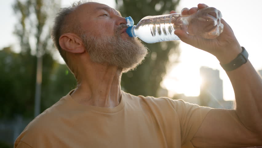 Elderly european caucasian man drinking mineral water stadium training sportsman sporty thirsty athlete city outdoors workout recovery exhaustion freshness bottle aqua exercising dehydration liquid