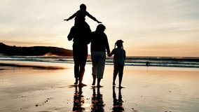 Back, piggyback and silhouette of family on beach, walking together for travel, holiday or vacation. Children, mother and father by water, ocean or sea for love, adventure or bonding at sunset - Powered by Shutterstock - Get 15% off with code: PIKWIZARD15