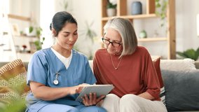 Tablet, senior woman and caregiver in nursing home, support and planning for healthcare. Elderly person, nurse and technology for consultation, advice and discussion on digital report or consultation - Powered by Shutterstock - Get 15% off with code: PIKWIZARD15