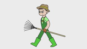 2d animation of walking white male gardener holding a rake. Looped 4K video with alpha-channel.