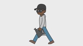 2d animation of walking black director holding script and megaphone. Looped 4K video with alpha-channel.
