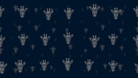 Giraffe head symbols float horizontally from left to right. Parallax fly effect. Floating symbols are located randomly. Seamless looped 4k animation on dark blue background