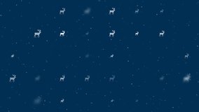 Template animation of evenly spaced deer symbols of different sizes and opacity. Animation of transparency and size. Seamless looped 4k animation on dark blue background with stars