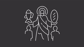 Jesus feed 5000 white line animation. Jesus Christ animated icon. New testament. Christian theology. Isolated illustration on dark background. Transition alpha video. Motion graphic