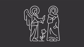 Annunciation white line animation. Holy Mary and Angel Gabriel animated icon. New Testament. Bible revelation. Isolated illustration on dark background. Transition alpha video. Motion graphic