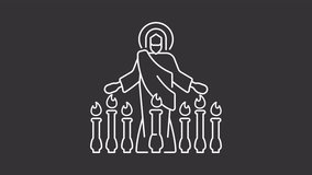 Revelation white line animation. Jesus Christ and seven lampstands animated icon. New testament. Biblical scene. Isolated illustration on dark background. Transition alpha video. Motion graphic