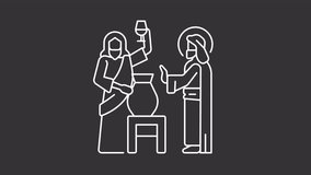 First miracle white line animation. Jesus Christ turns water into wine animated icon. Wedding at Cana. Isolated illustration on dark background. Transition alpha video. Motion graphic