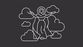 The Assumption white line animation. Virgin Mary animated icon. Ascent of Mother Mary into heaven. New testament. Isolated illustration on dark background. Transition alpha video. Motion graphic