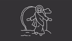 Resurrection white line animation. Jesus Christ coming back to life animated icon. New testament. Biblical myth. Isolated illustration on dark background. Transition alpha video. Motion graphic